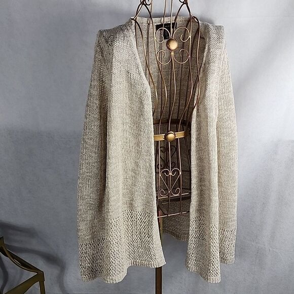 Woven Neutral Tan Long Open Cardigan Sweater Tahari Size L Minmalist Fisherman - Picture 2 of 9